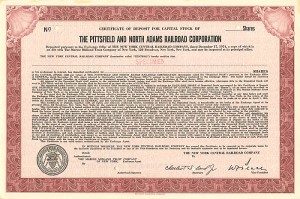 Pittsfield and North Adams Railroad Corporation - Railway Stock Certificate
